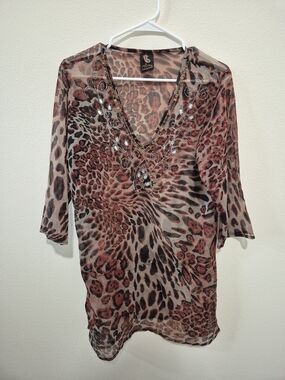 Priya Boho Sheer Red Black Leopard Print Embellished V-Neck Tunic Blouse Top